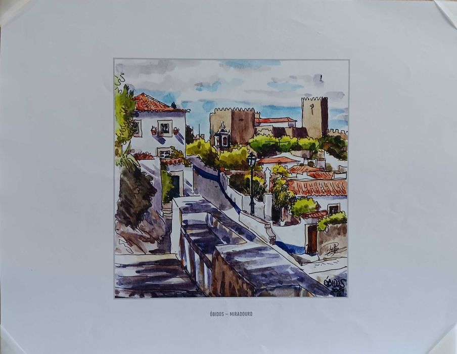 Óbidos em litografia de aguarela de Paulo J. Mendes