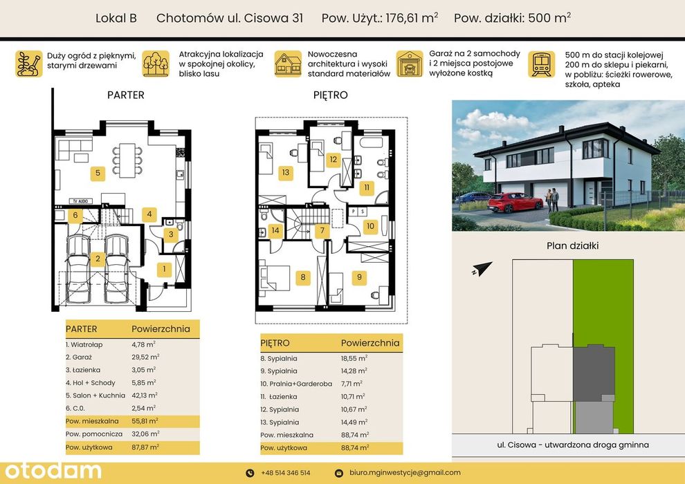 dom Chotomów ½ bliźniaka 177 m2+20m2, bez PCC, PKP, droga gminna