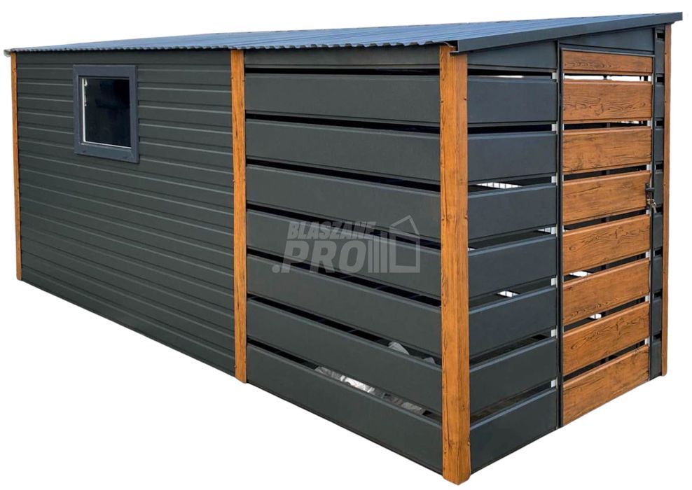 Schowek Domek Ogrodowy 3x2m + wiata okno - j. orzech  spad w tył GP554