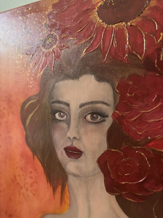 Portret kobiety z kwiatami - czerwone słoneczniki i róże 70x70cm