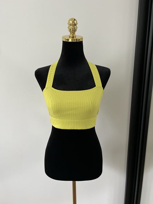 Żółta, krótka bluzka, crop top, biustonosz, stanik, prążki, Etam, S