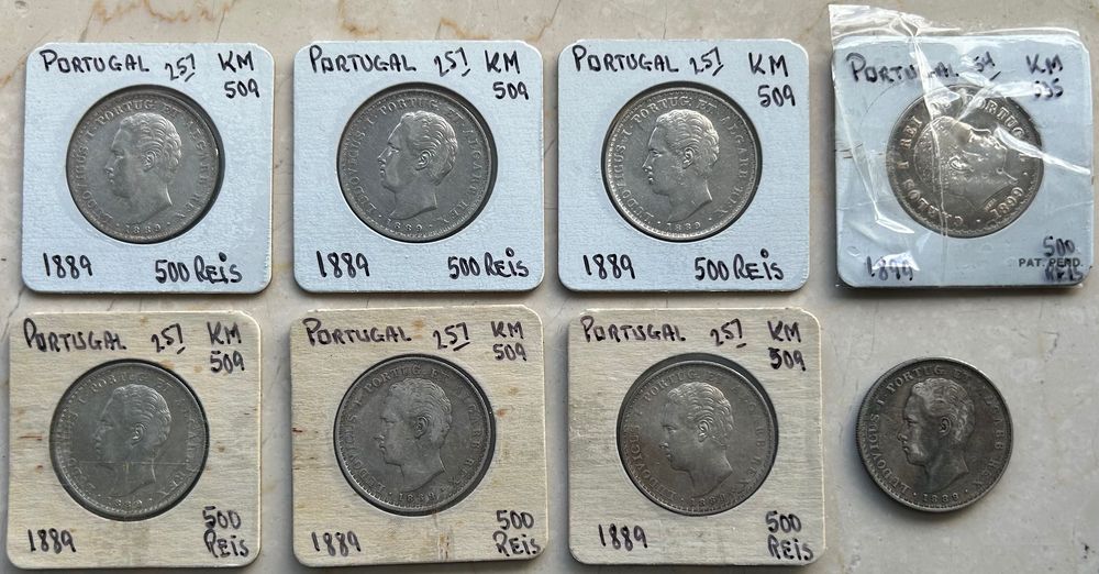 Lote de 8 x 500 Reis Portugal Luís I 1889 Moeda Antiga de Prata KM#509