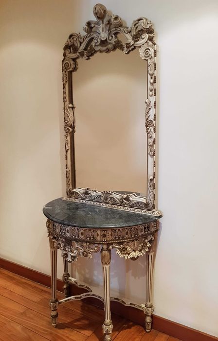 Consola talha laca creme com espelho para restauro