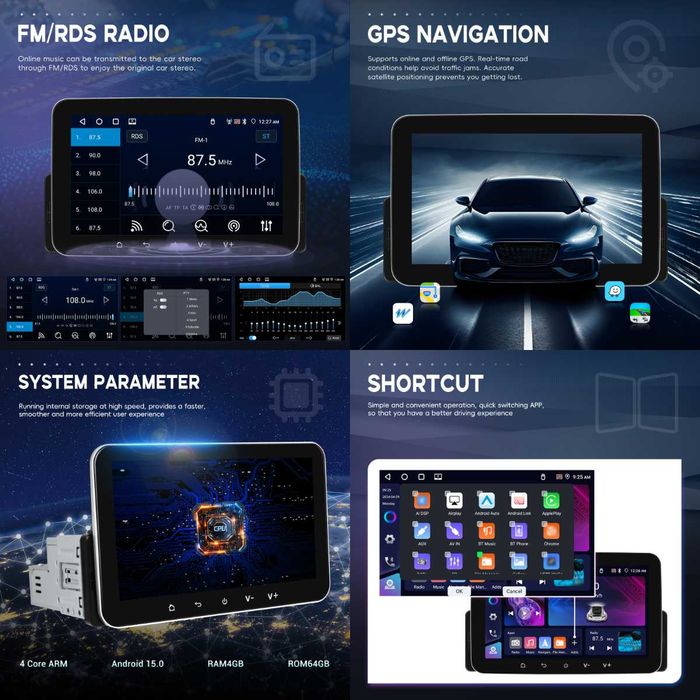 Rádio Android 7" 1DIN 4GB 64GB CarPlay Android Auto GPS (novo)