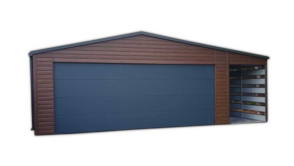 Garaż Blaszany Blaszak 7x6 drewnopodobny z bramą segmentową + wiata