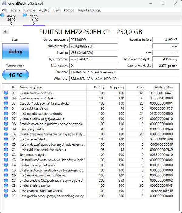 Dysk HDD Fujitsu MHZ2250BH G1 250GB SATA GW3m N02