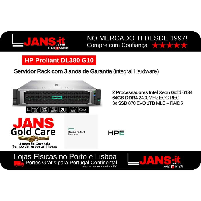 HP Proliant DL380 G10 | 2P Xeon Gold 6134 | 64GB | 3xSSD 1TB | SA P408a