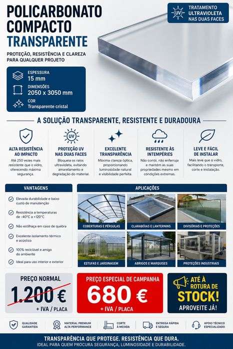 Placas de Policarbonato Compacto Transparente 15 mm | UV Dupla Face | Promoção