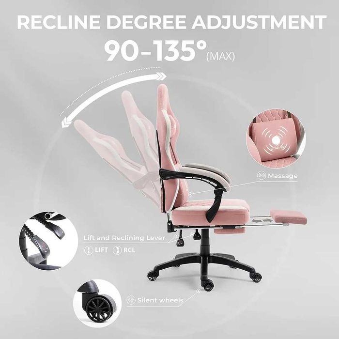 Fotel gamingowy z masażerem różowy fotel obotowy ergonomiczny Dowinx