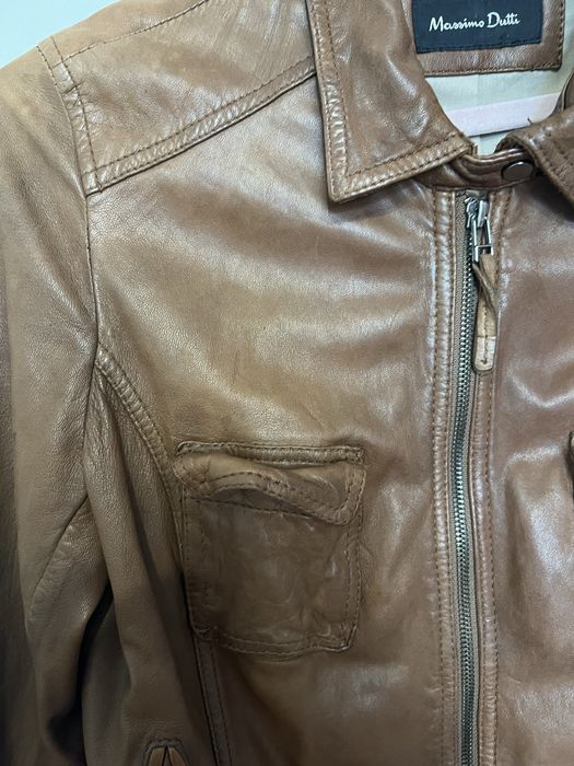 Krótka kurtka skórzana; ramoneska; koniakowa/brązowa; Massimo Dutti