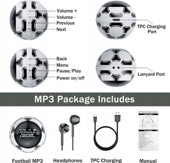 Mini odtwarzacz MP3 w kształcie piłki nożnej, 64 GB, Bluetooth 5.0
