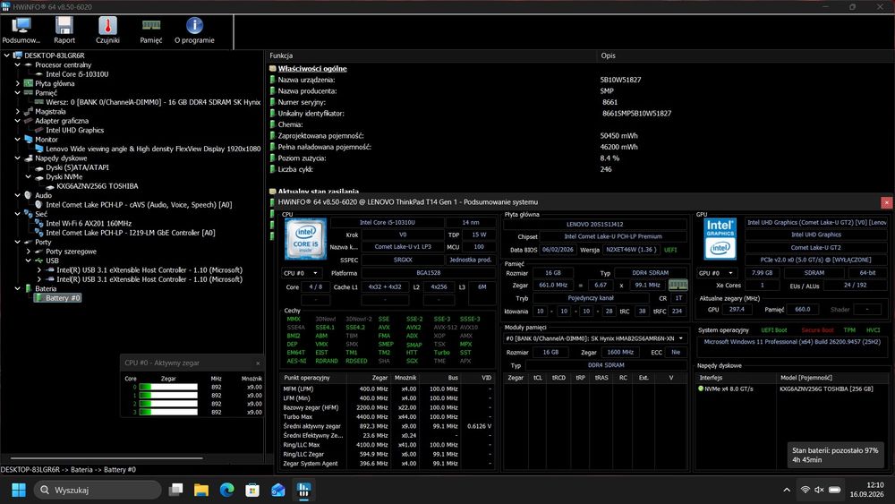 OKAZJA ! Zadbany magnezowy Lenovo T14 Intel i5 10gen 16/256GB NVMe 14"FullHD Win11 Pro bat5h stan bdb USB-C Thunderbolt