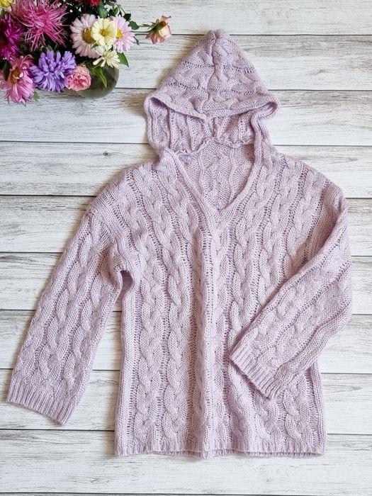 Свитер капюшонка вязаная в косы розовая лиловая худи