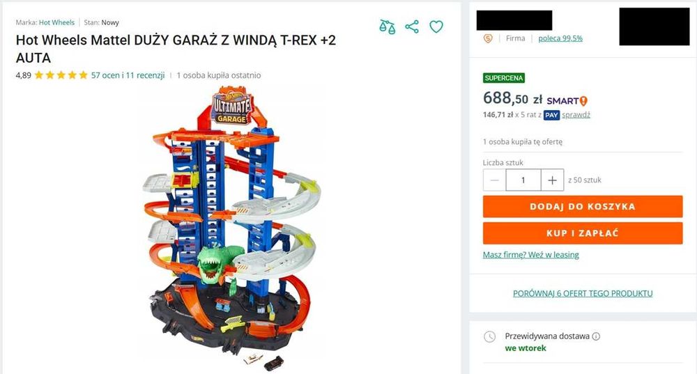 HOT WHEELS Garaż Z Windą T-REX + Zakręcona Mega Myjnia + Rollercoaster