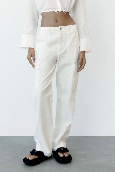 Прямі штани карго Zara білі жіночі