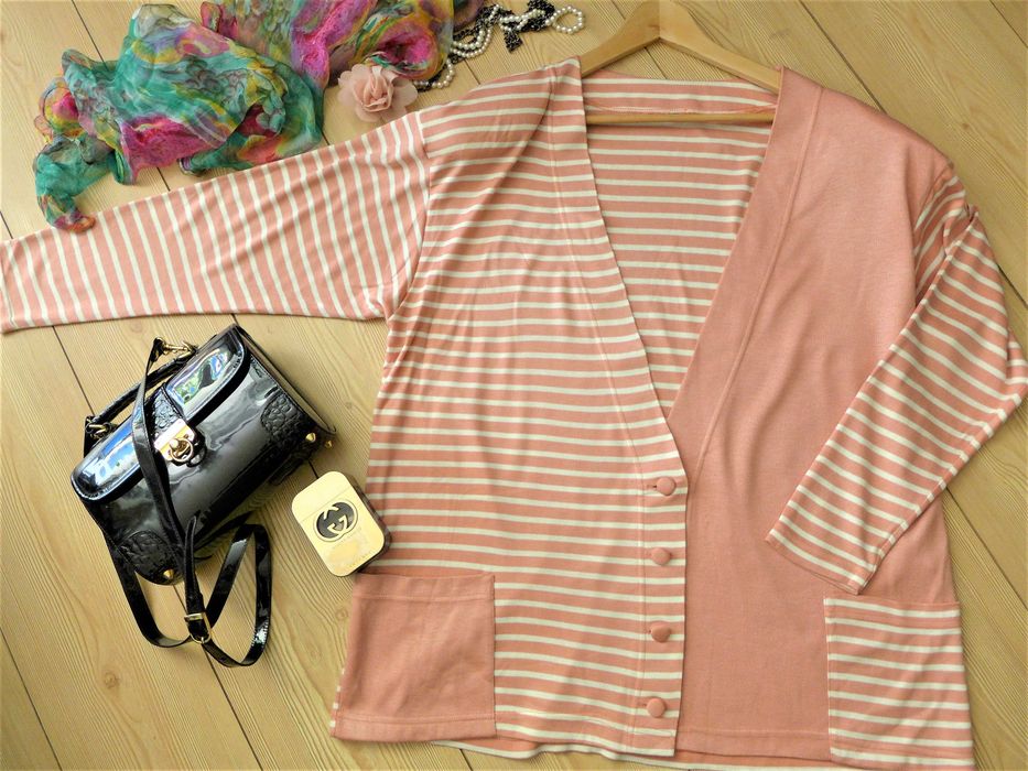 Dzianinowy kardigan ładna rozpinana bluza miejska 44 46 L XL róż paski