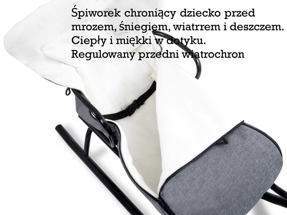 Nowe sanki z oparciem, pchaczem i śpiworkiem