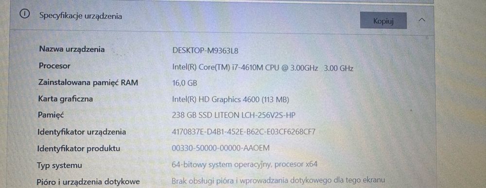 Laptop HP i7 16gb ram dysk ssd