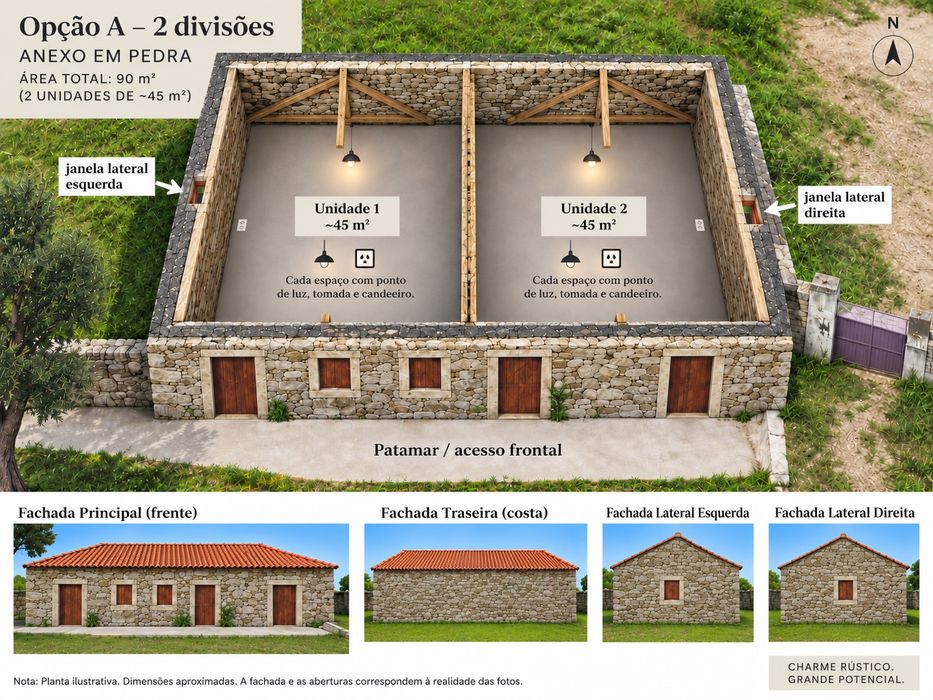 Brevemente disponível – Espaço rústico versátil para arrecadação / armazém de 30 m² a 90 m² em Serreleis, Viana do Castelo