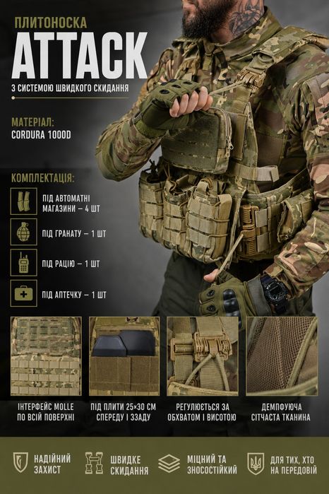 Плитоноска Attack піксель, Multicam Cordura 1000D швидкоскид 4т Molle під плити 25x30 ЗСУ