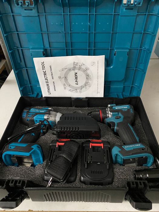 Kit combinado sem escovas: Furadeira/Parafusadeira + Chave de impacto + Baterias + Carregador