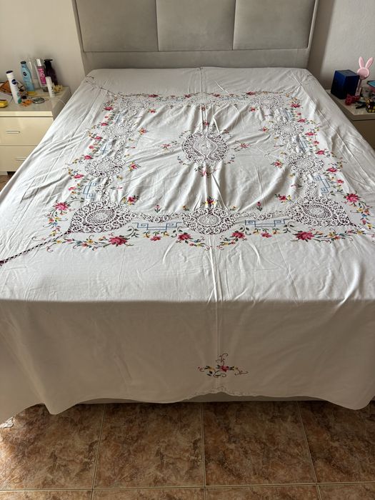 Colcha de cama de casal 220 5 × 260 com ponto cruz e croché