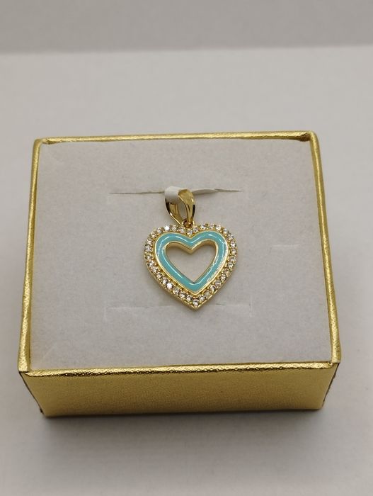 Złoty wisiorek  serce niebieska emalia, cyrkonie złoto 585