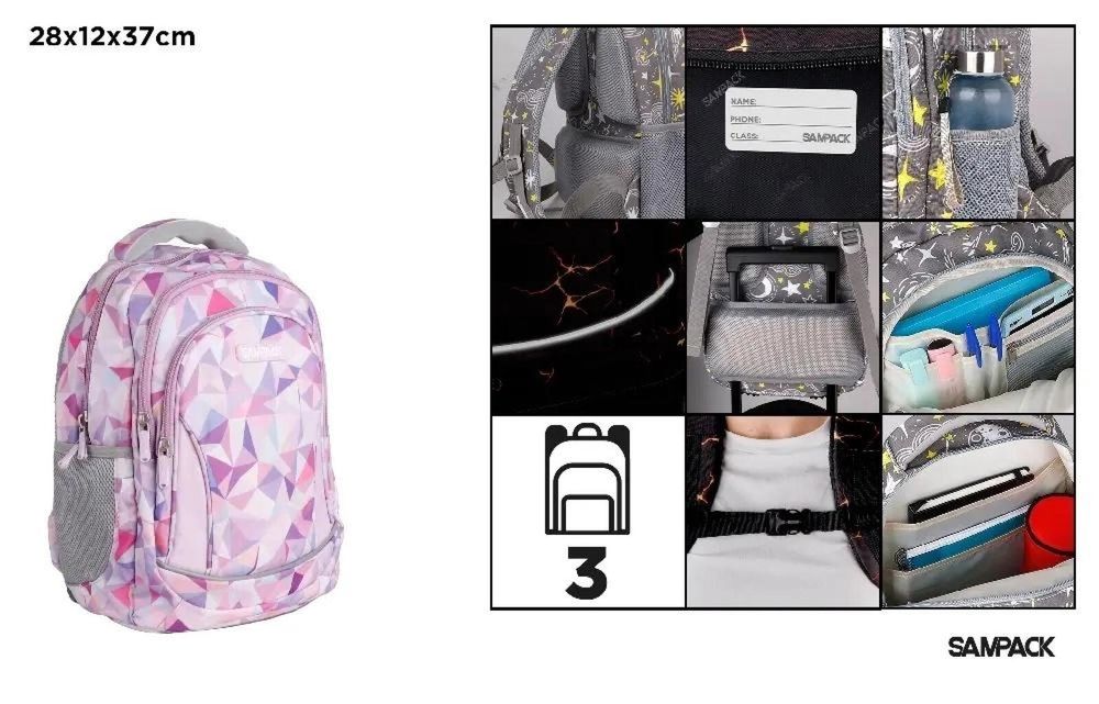 Plecak trzykomorowy geometryczny lawenda 28x12x37 MP Main Paper folia