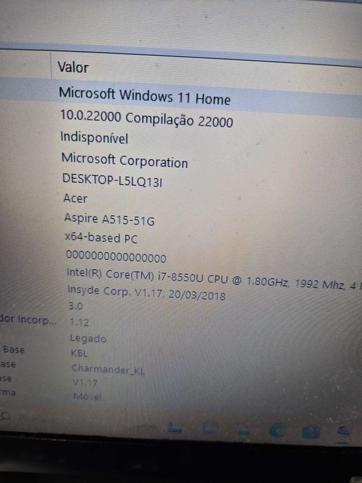 bateria suporta 3h00 acer aspire A515-51G restantes peças sob consulta