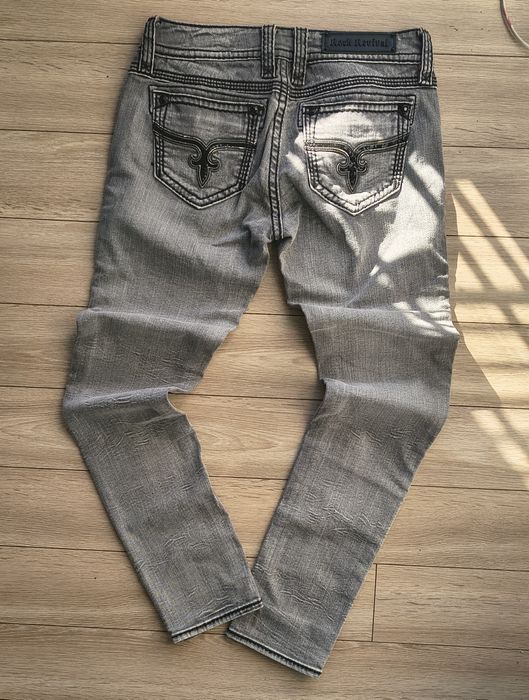 Jeansy Rock Revival Davina Skinny Szare Y2K Grunge Thick Stitch Kryształki R. 30