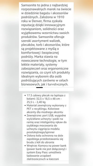 ‼️ Plecak na kółkach Samsonite 17.3” – jak nowy, gwarancja do 06.2027!‼️