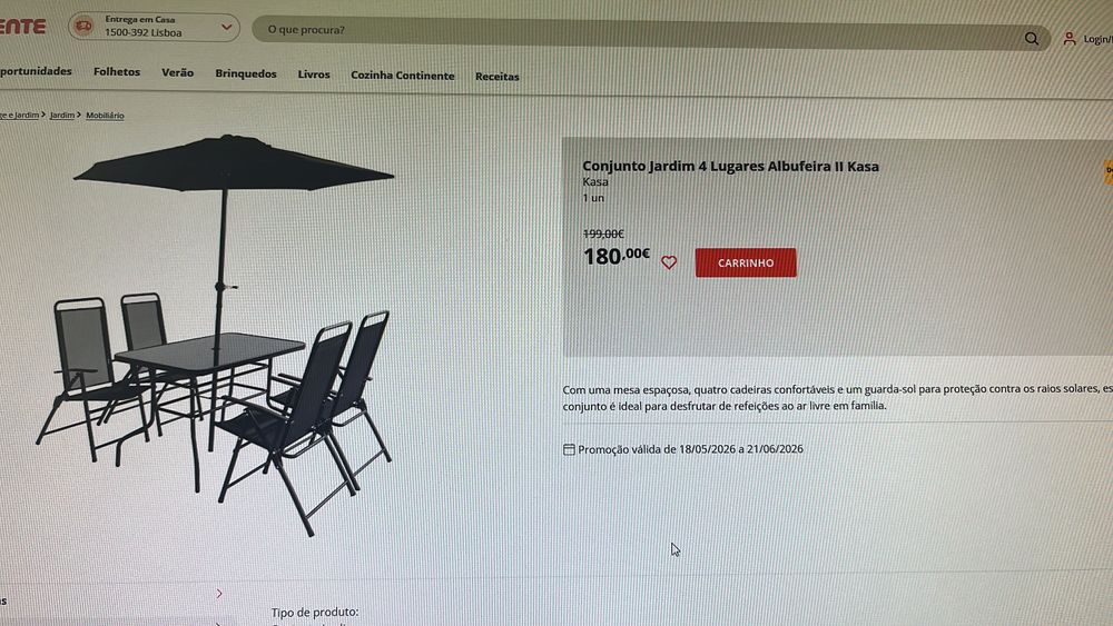 Conjunto de jardim: mesa, 4 cadeiras e guarda sol