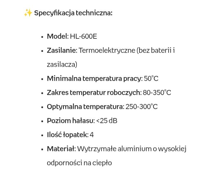Model HL-600E to termoelektryczny wentylator kominkowy,