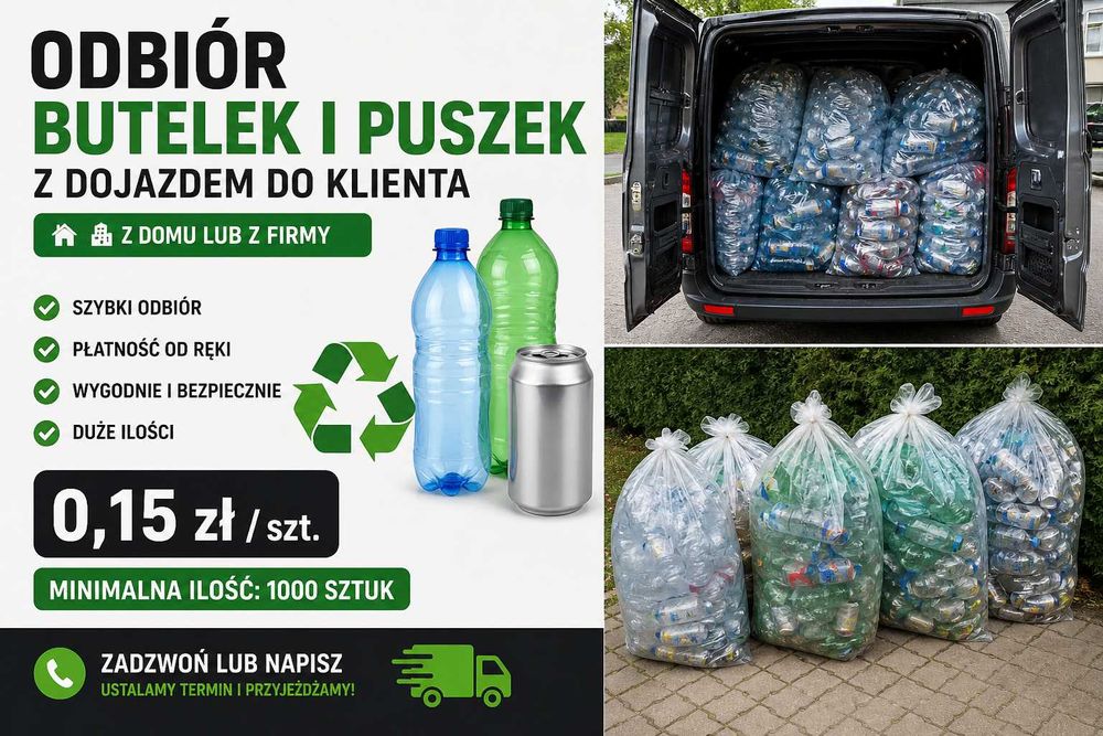 Odbiór butelek PET i puszek z dojazdem – 0,15 zł/szt | od 1000 szt skup