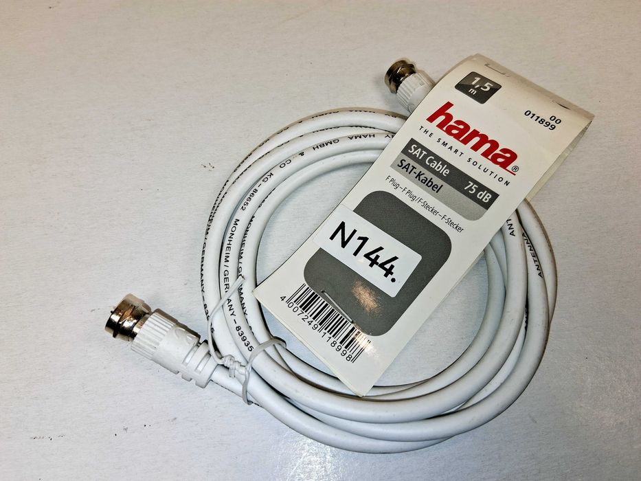 N144 Kabel Antenowy Satelitarny Hama SAT F-Plug 1,5m 75dB Biały Nowy