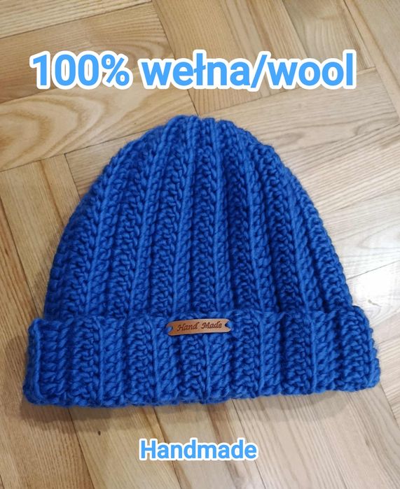Nowa czapka 100% WEŁNA Handmade