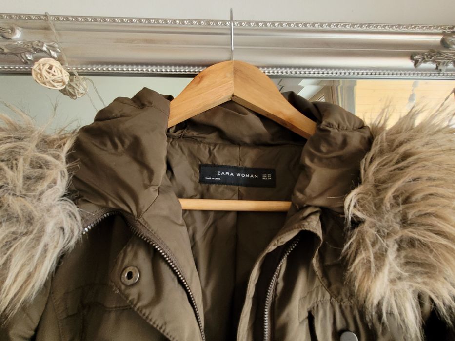 ZARA Woman,kurtka,ocieplana parka,khaki/zielony,kaptur,futerko,r.XS
