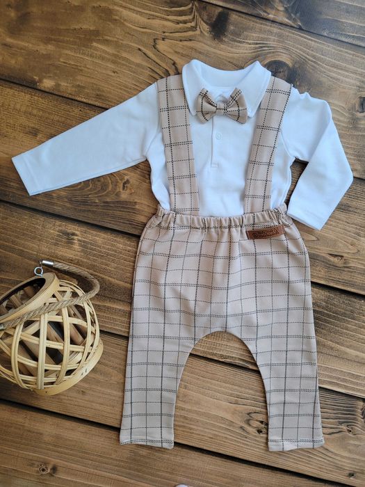 Elegancki komplet garnitur na chrzest roczek  muszka szelki kratka beż