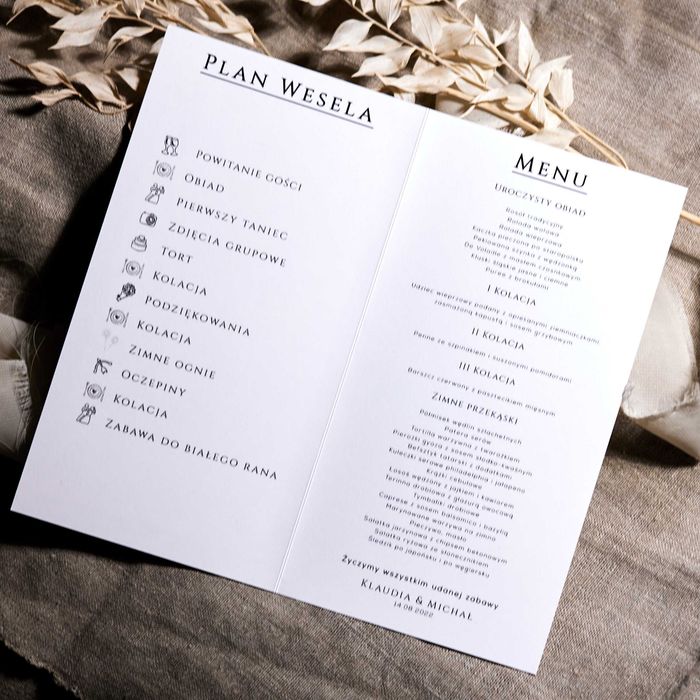 Menu weselne + plan wesela w stylu GLAMOUR