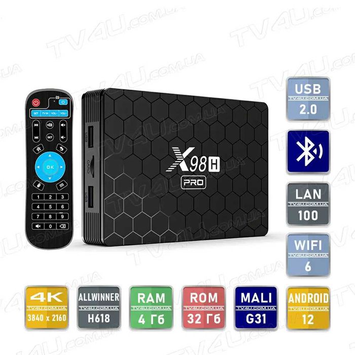 Новая 4К приставка X98H PRO 4/32 (Allwinner H618, 4/32G, Android 12.0, Wi-Fi6, 1G LAN, Bluetooth 5.0, 4K)