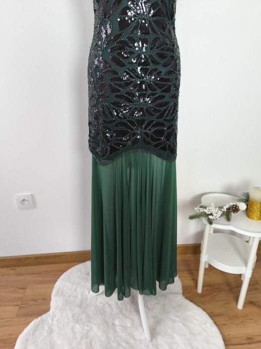 Suknia typu flapper S/ M, nowa z metką, ciemnozielona, suknia wieczoro
