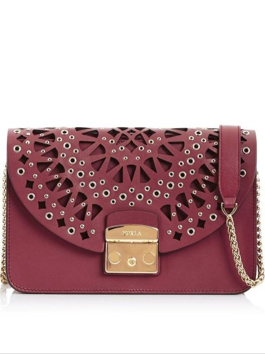 Furla Metropolis Laser Cut-Out Eyelet Leather Crossbody Ruby