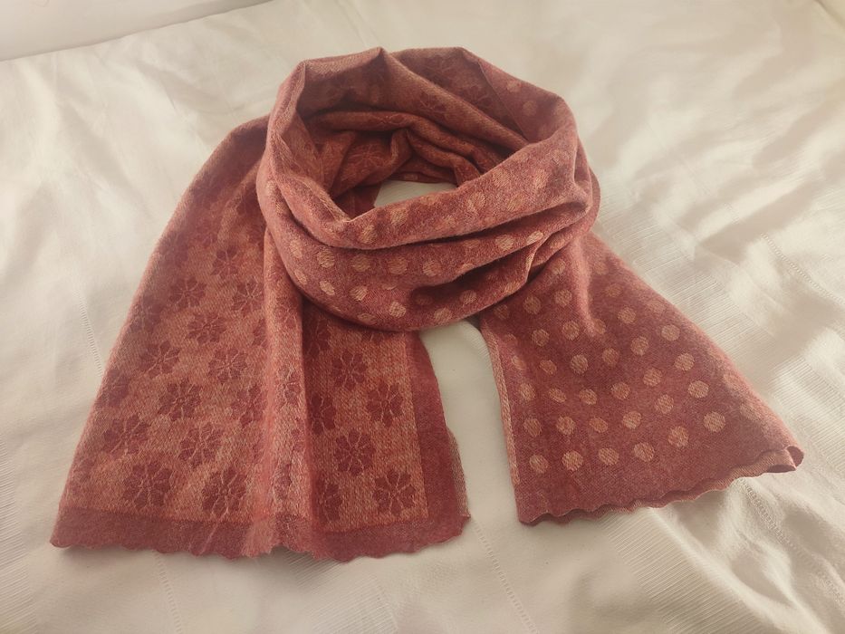 Rękodzieło! Szalik kaszmir wełna, wzór, zgaszona czerwień
