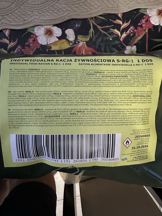 Wojskowa racja żywnościowa S-RG-1 Arpol (3 posiłki + akcesoria)