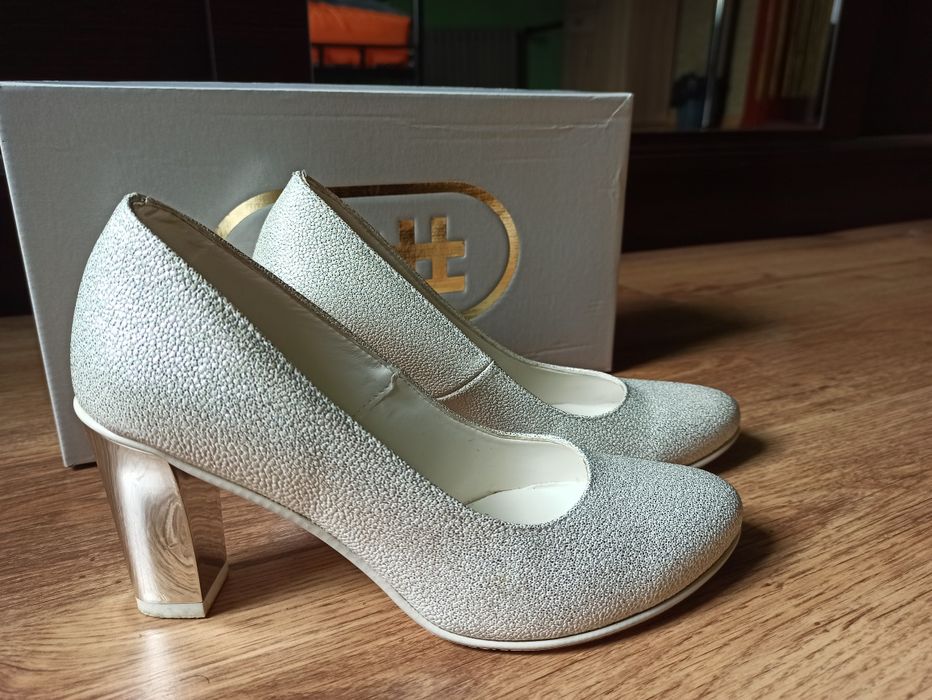 Buty ślubne, wieczorowe srebrne ( lustrzany obcas) R36 wkładka 23,3cm