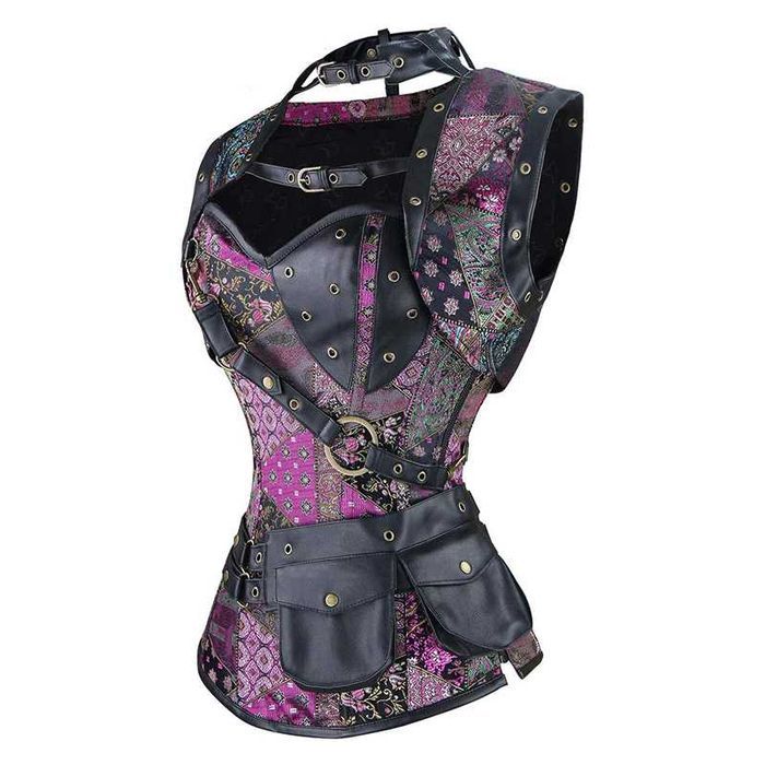 Wzorzysty gorset ze zdobieniami odpinany dekolt ze stringami XS