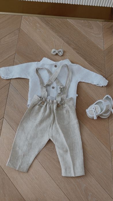 4 częściowy lniany beżowy zestaw do chrztu dla chłopca