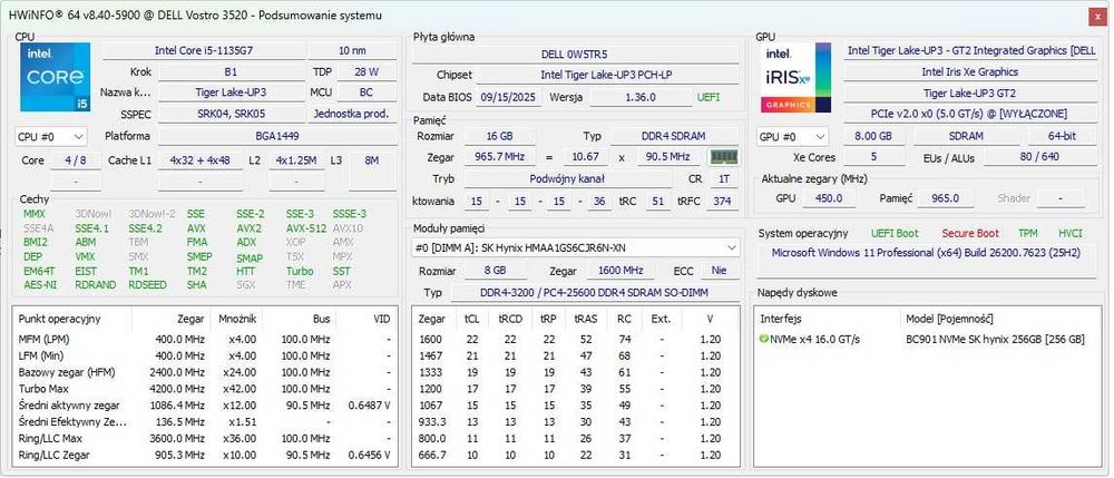 DELL Vostro 3520 i5 1135G7 2.4GHz, 16GB RAM 256GB NVMe