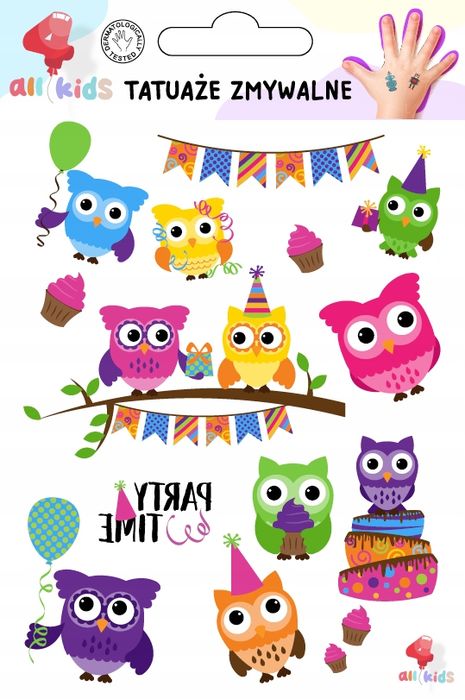 Tatuaże Zmywalne Dla Dzieci Kolorowe Sówki na Urodziny
