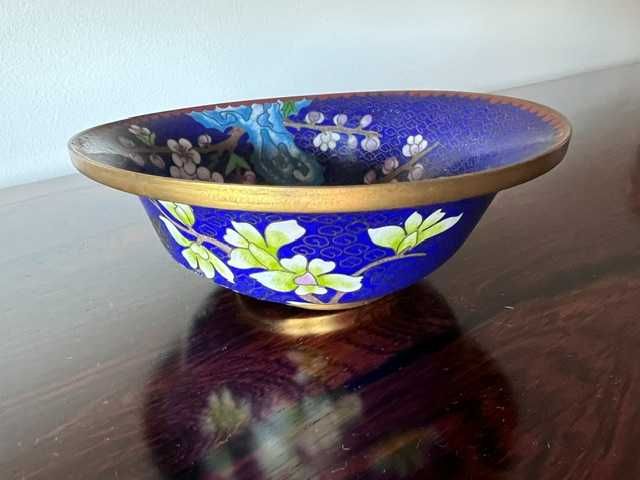 Taça / Tigela Chinesa em Esmalte Cloisonné - Azul e Floral